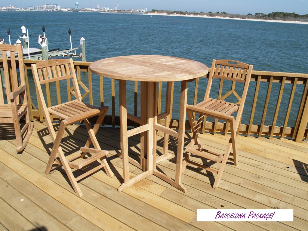 Bimini 39" Grade A Teak Round Drop Leaf Folding Counter Table W/2 Mallorca Folding Counter Chairs (Counter height is 5" lower than bar)