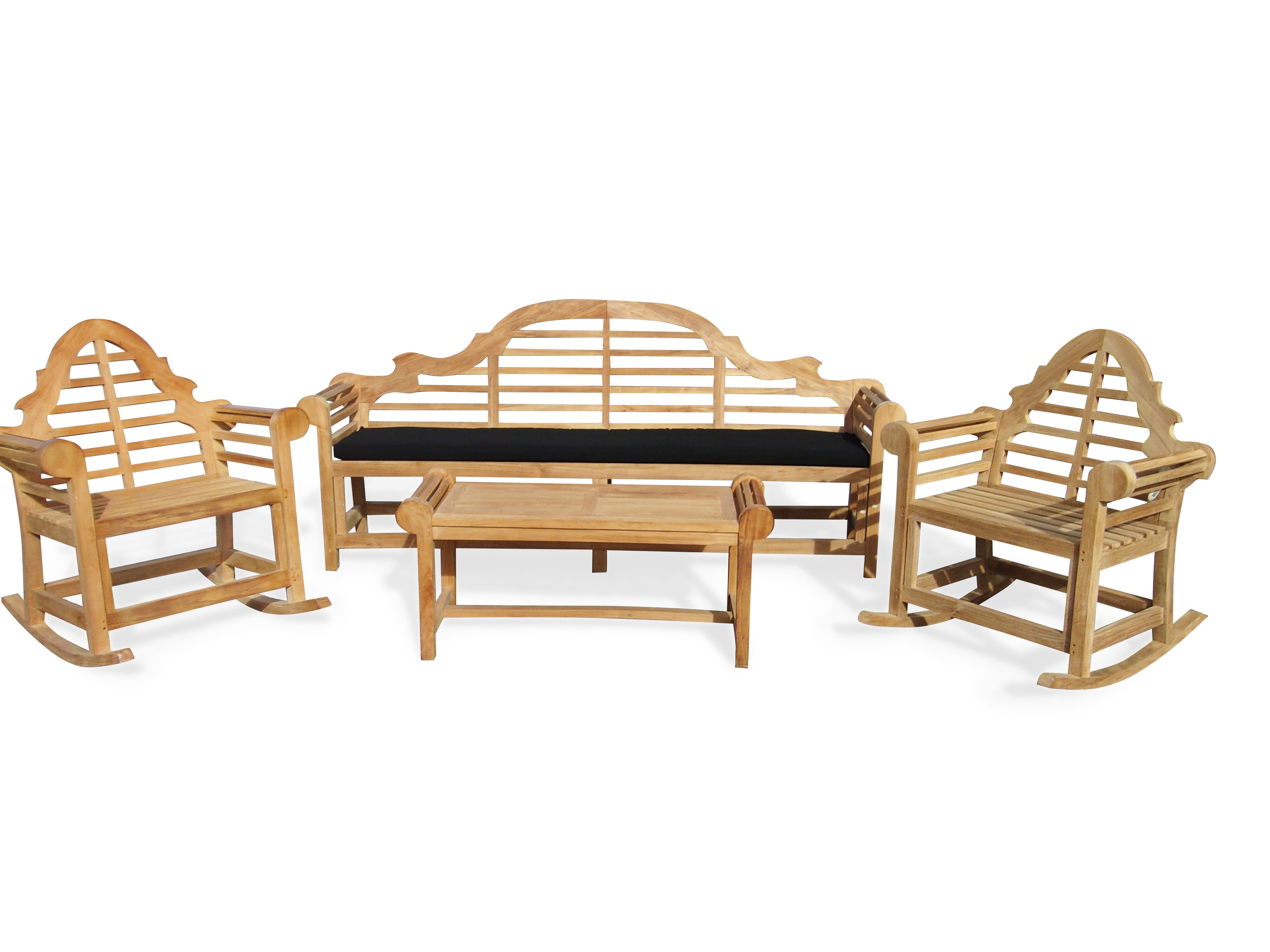 The Iconic 8 Foot (96 Inches) Grade A Teak Lutyens Bench (The Original Scale) w 2 Lutyens Rockers and Lutyens Coffee Table