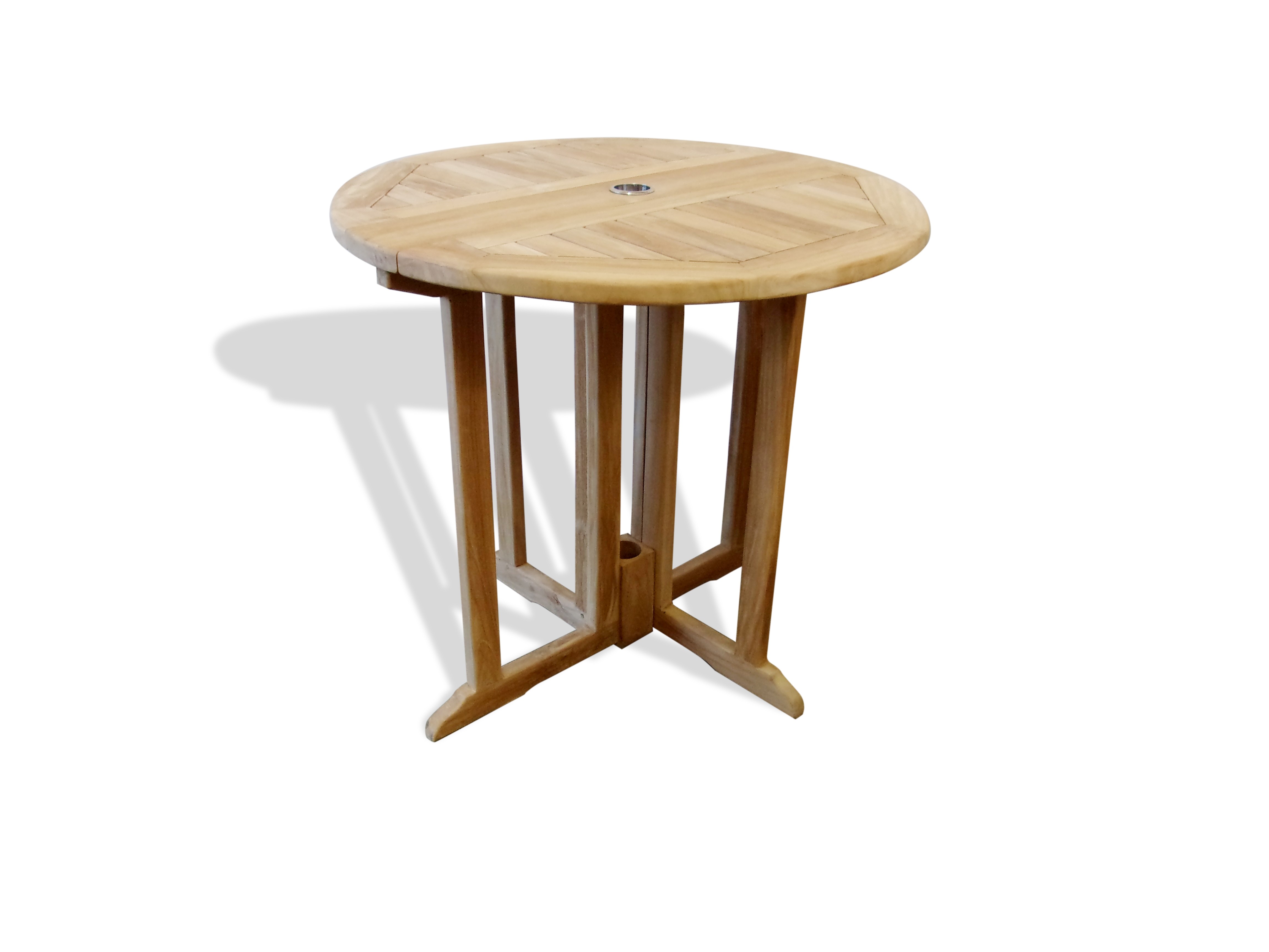 Grade A Teak Barcelone 32" Round Drop Leaf Folding Table ...use with 1 Leaf Up or 2.... Makes 2 different tables