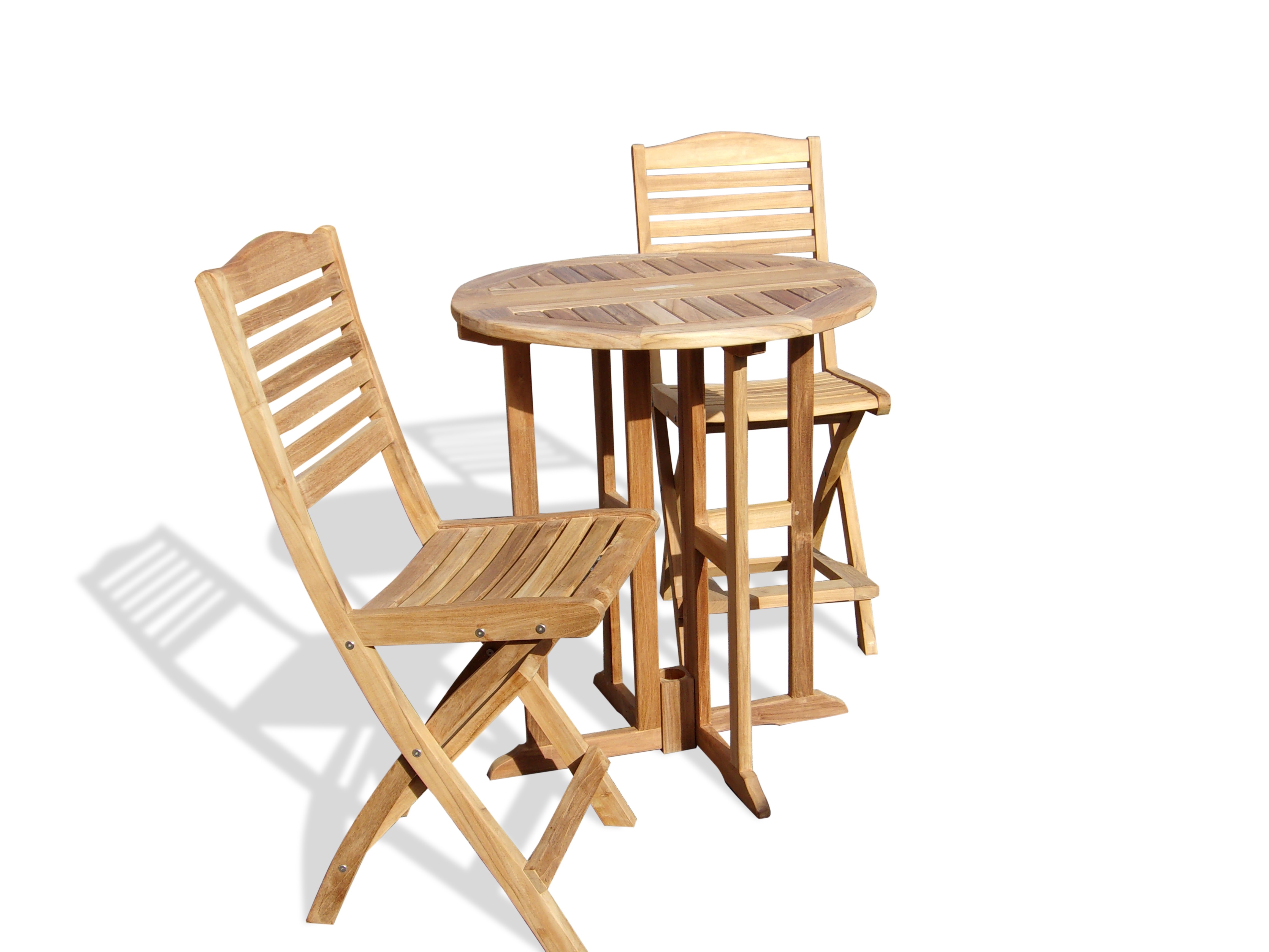 Premium Teak Nassau 32" Round Drop Leaf Folding Bar Table w/2 St Barts Folding Chairs (bar is 5" higher then counter)