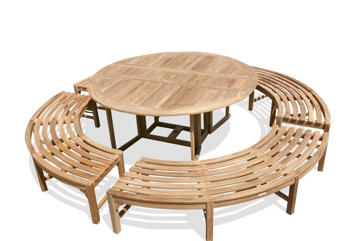Grade A Teak Barcelone 6 Foot (72 inches across) Round Drop Leaf Folding Table W/4 Curved Benches..Seats 8 Adults / 12 Kids