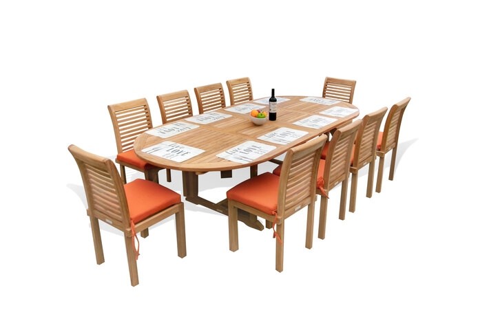  Buckingham Premium Teak Extra WIDE 108" x 51" Double Leaf Oval Extension Table...w10 Stacking Armless Chairs ..makes 3 Different Size Tables