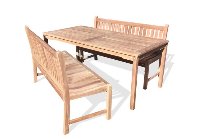 Cannes Grade A Teak 71" x 35" Rectangular Dining Table w/Two 60" Windsor Armless Benches w Backs