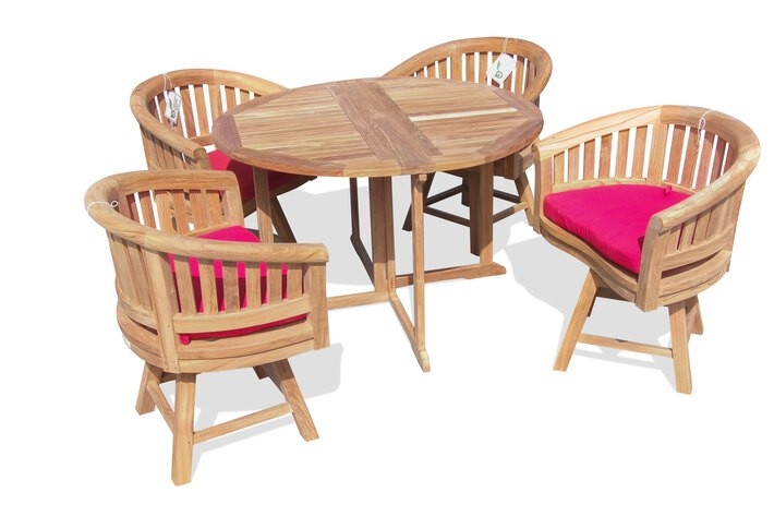 Barcelone 47" Round Drop Leaf Folding Teak Table W/4 Kensington Teak Swivel Arm Chairs