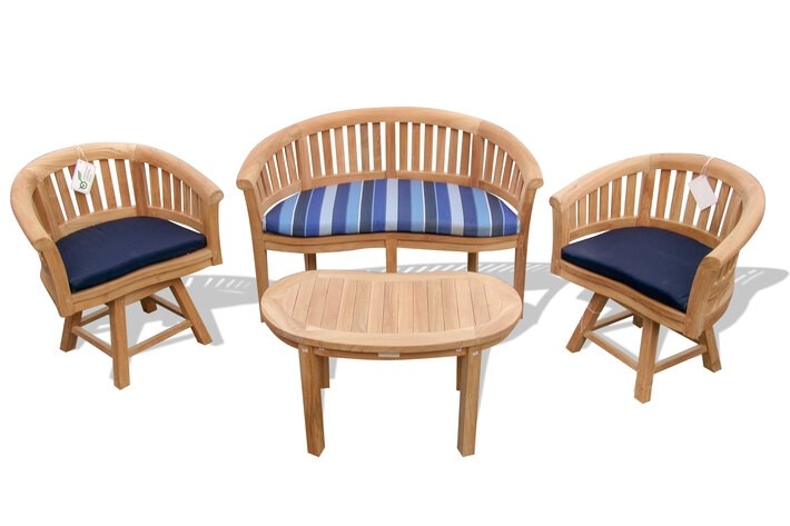 Kensington Teak Collection, Curved 2 Seater Bench, 2 Swivel Armchairs, and a 36" Kidney Shaped Coffee Table