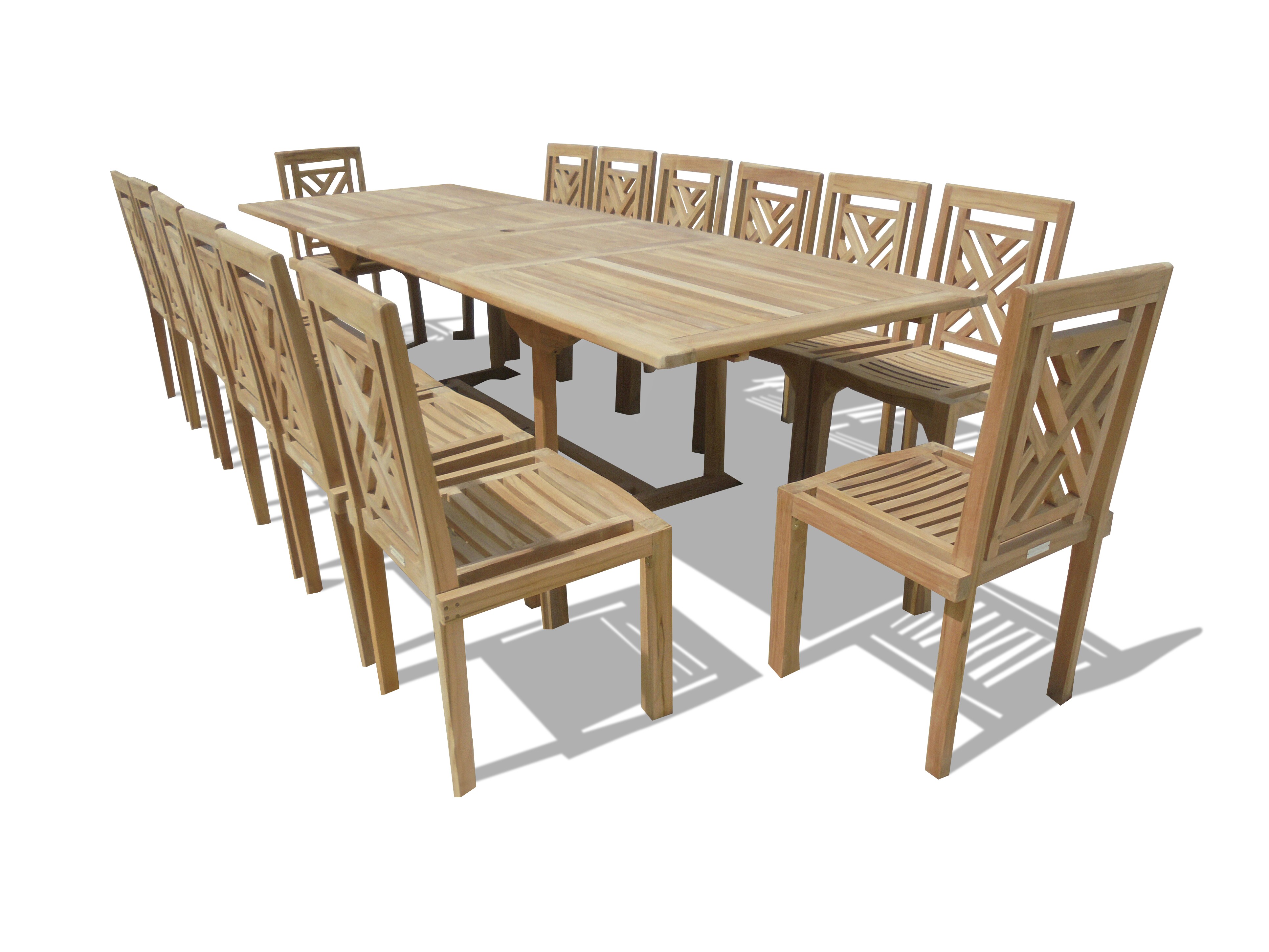 Buckingham 118" x 39" Double Leaf Extension Teak Table W/14 Chippendale Stacking Chairs...seats 14