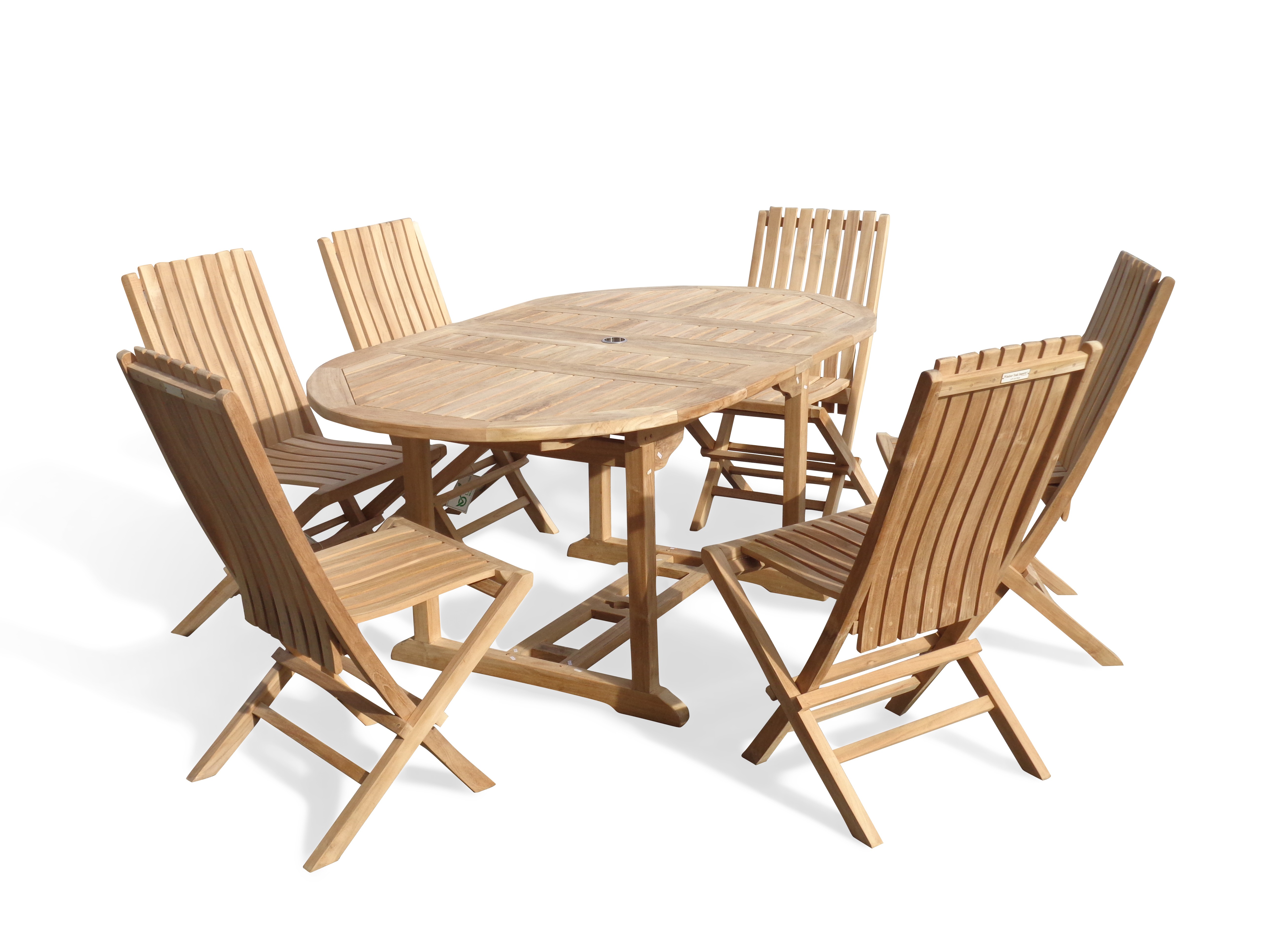 Buckingham 66" x 39" Double Leaf Oval Extension Teak Table W/6 Java Folding Chairs w/ Lumbar Support .