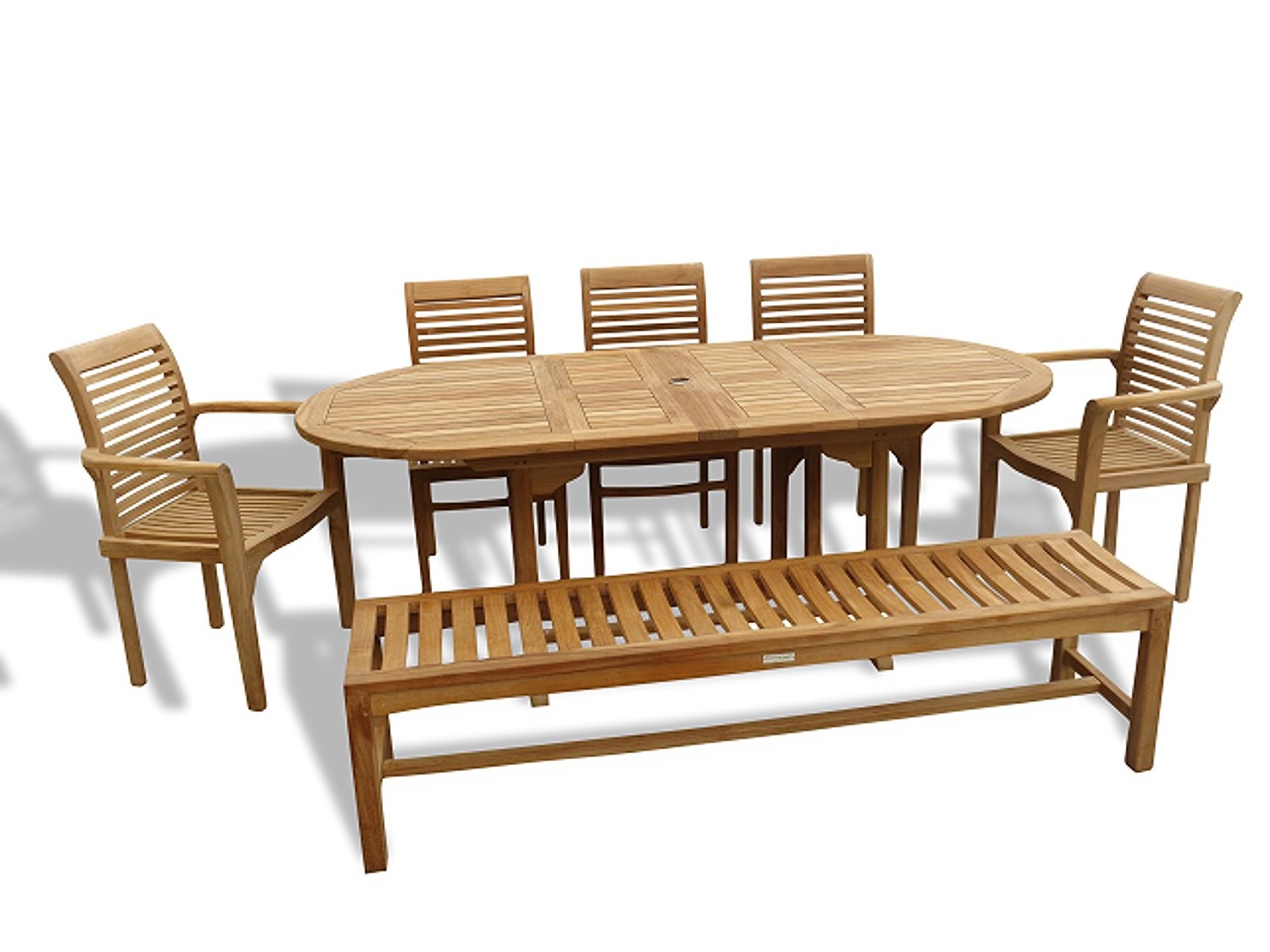 Buckingham Grade A Teak 82" x 39" Double Leaf Oval Extension Table w One 72" Backless Bench & 5 Stacking Chairs...Seats 8-9