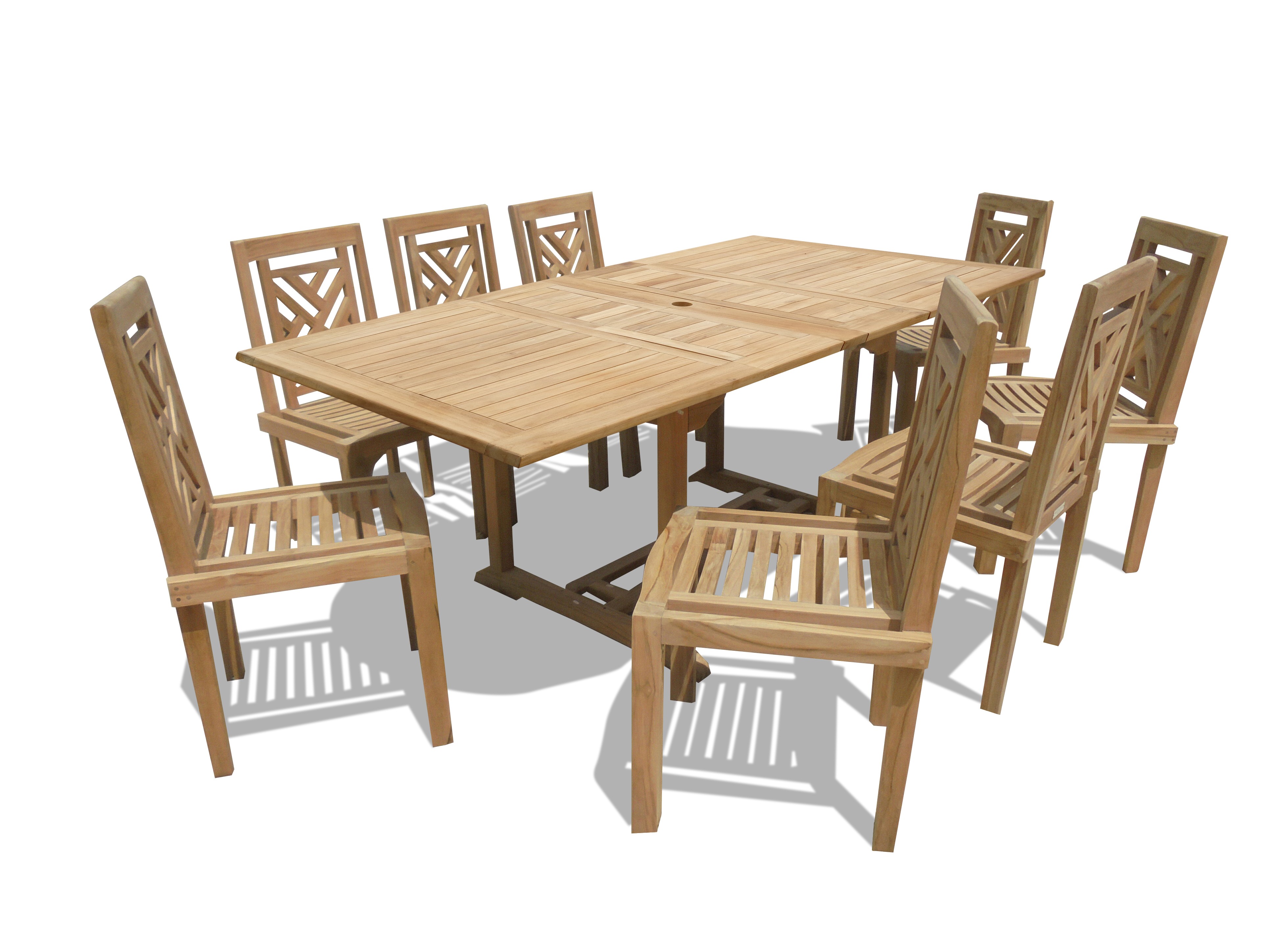 Buckingham 82" x 39" Double Leaf Rectangular Extension Teak Table W/8 Chippendale Stacking Chairs...seats 8