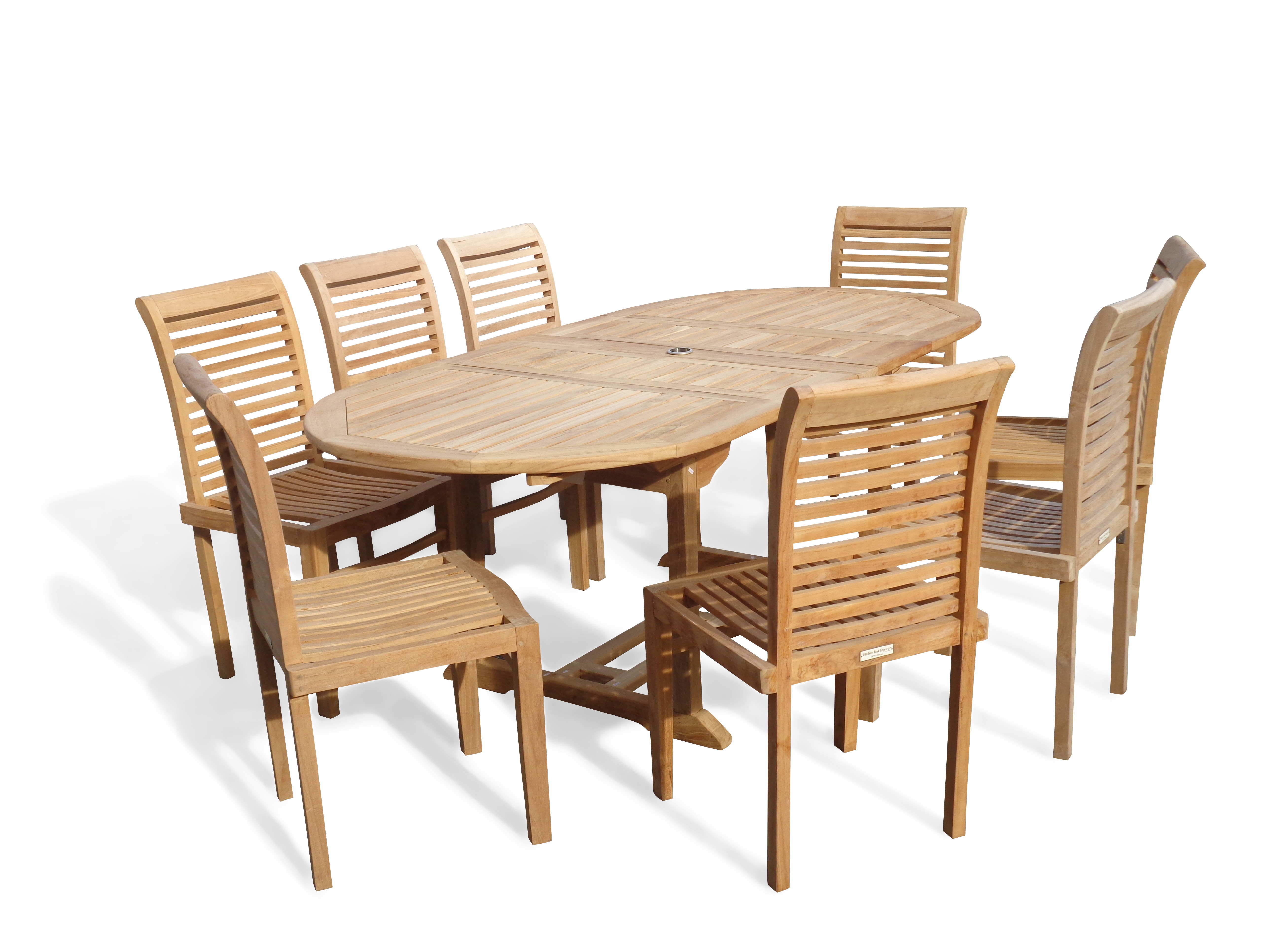 Buckingham 82" x 39" Double Leaf Oval Extension Teak Table W/8 Casa Blanca Armless Stacking Chairs.