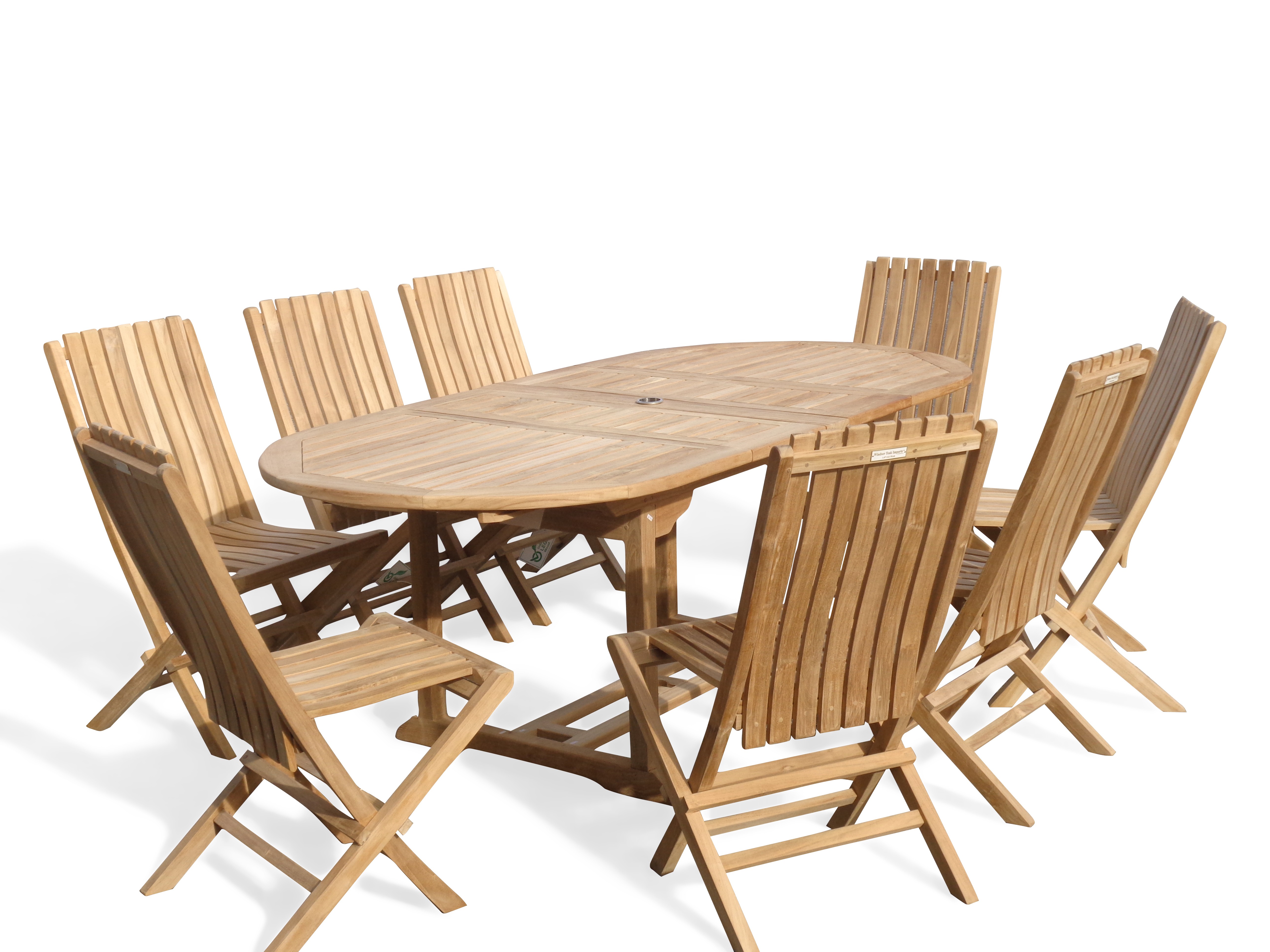 Buckingham 82" x 39" Double Leaf Oval Extension Teak Table W/8 Java Folding Chairs w/ Lumbar Support .