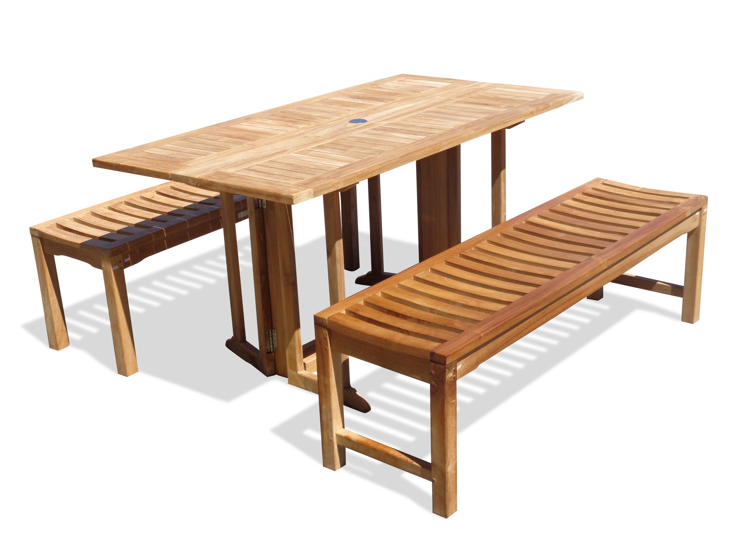 Barcelone 59" x 31" Rectangular Drop Leaf Folding Teak Table W/two 59" Backless Benches...Seats 6 Adults