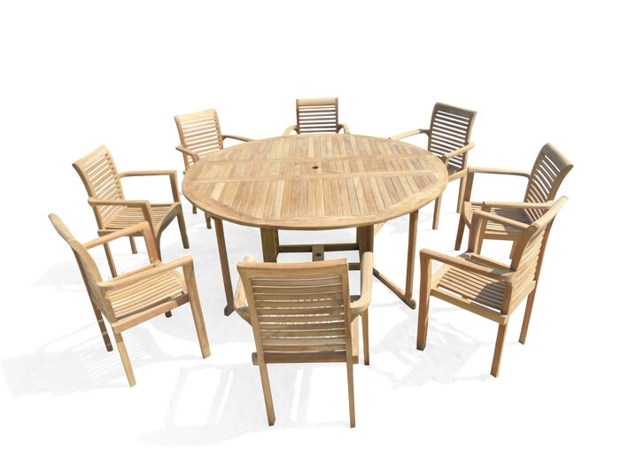 Barcelona 6 Foot (72 inches across) Round Drop Leaf Folding Table W/8 Casa Blanca Stacking Arm Chairs