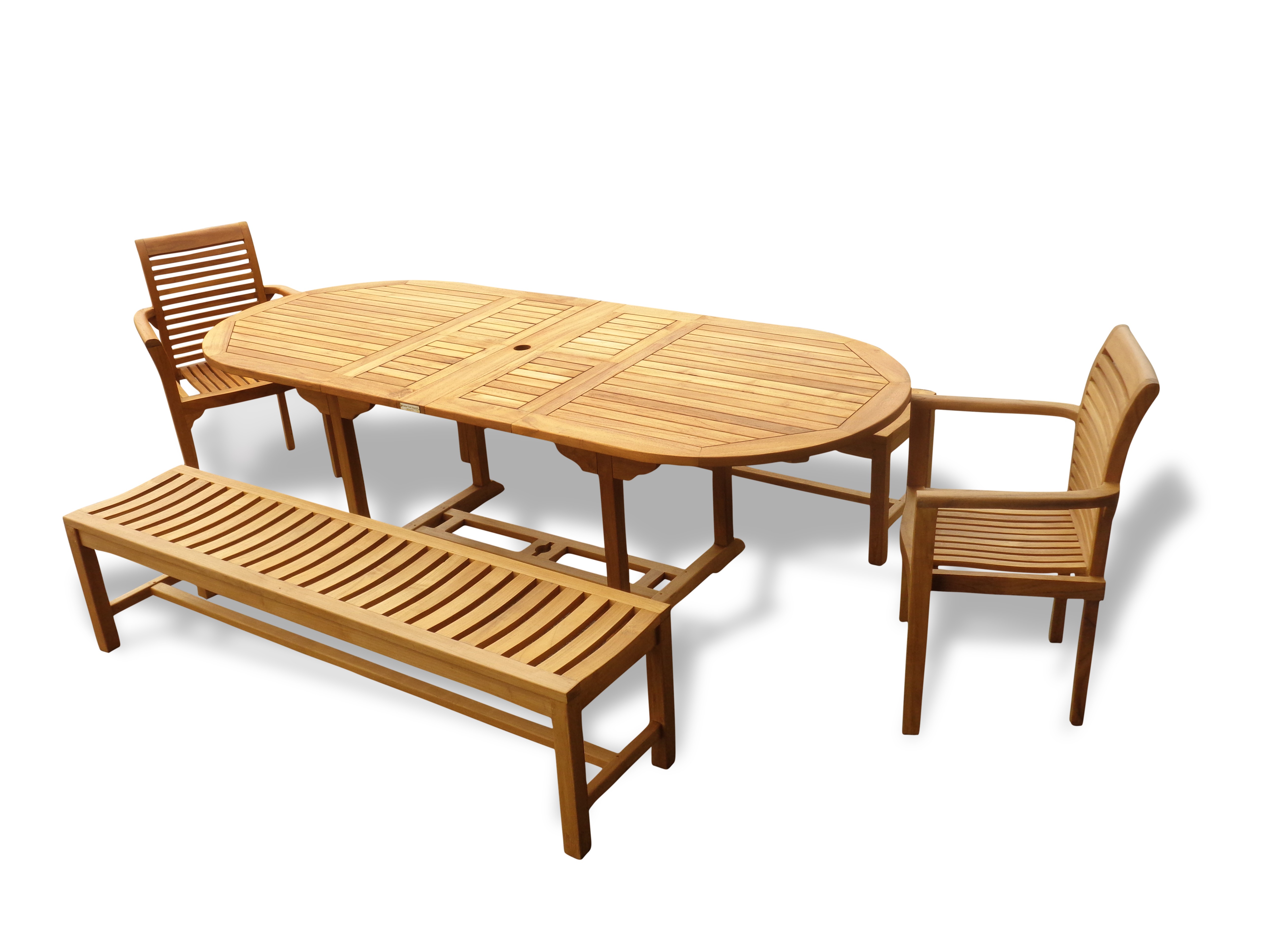 Buckingham Grade A Teak 95" x 39" Oval Extension Table w 2 Stacking Chairs & Two 72" Backless Benches..Seats 10