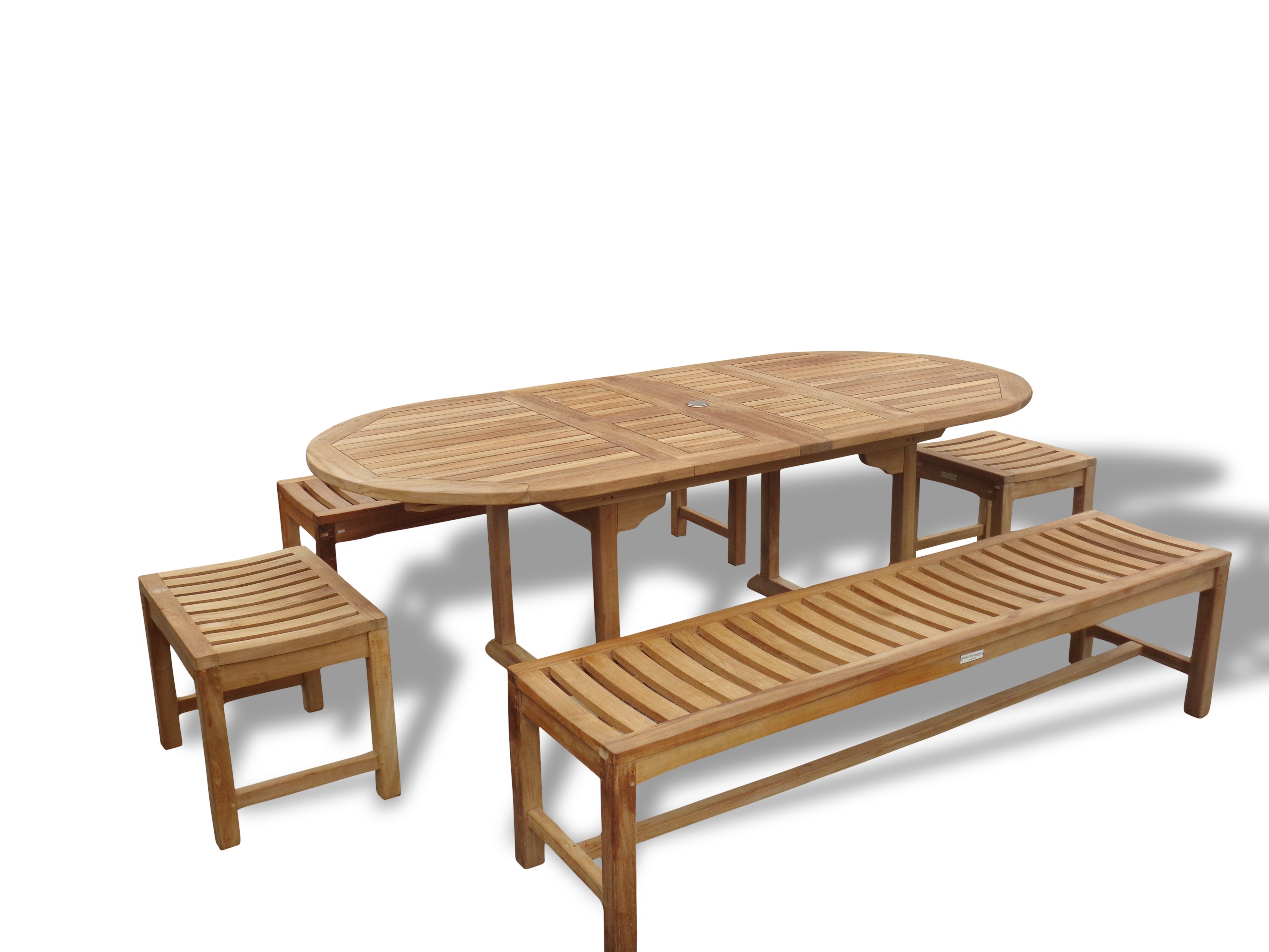 Buckingham Grade A Teak 82" x 39" Double Leaf Oval Extension Table w Two 72" & Two 18" Backless Benches...Seats 8-10