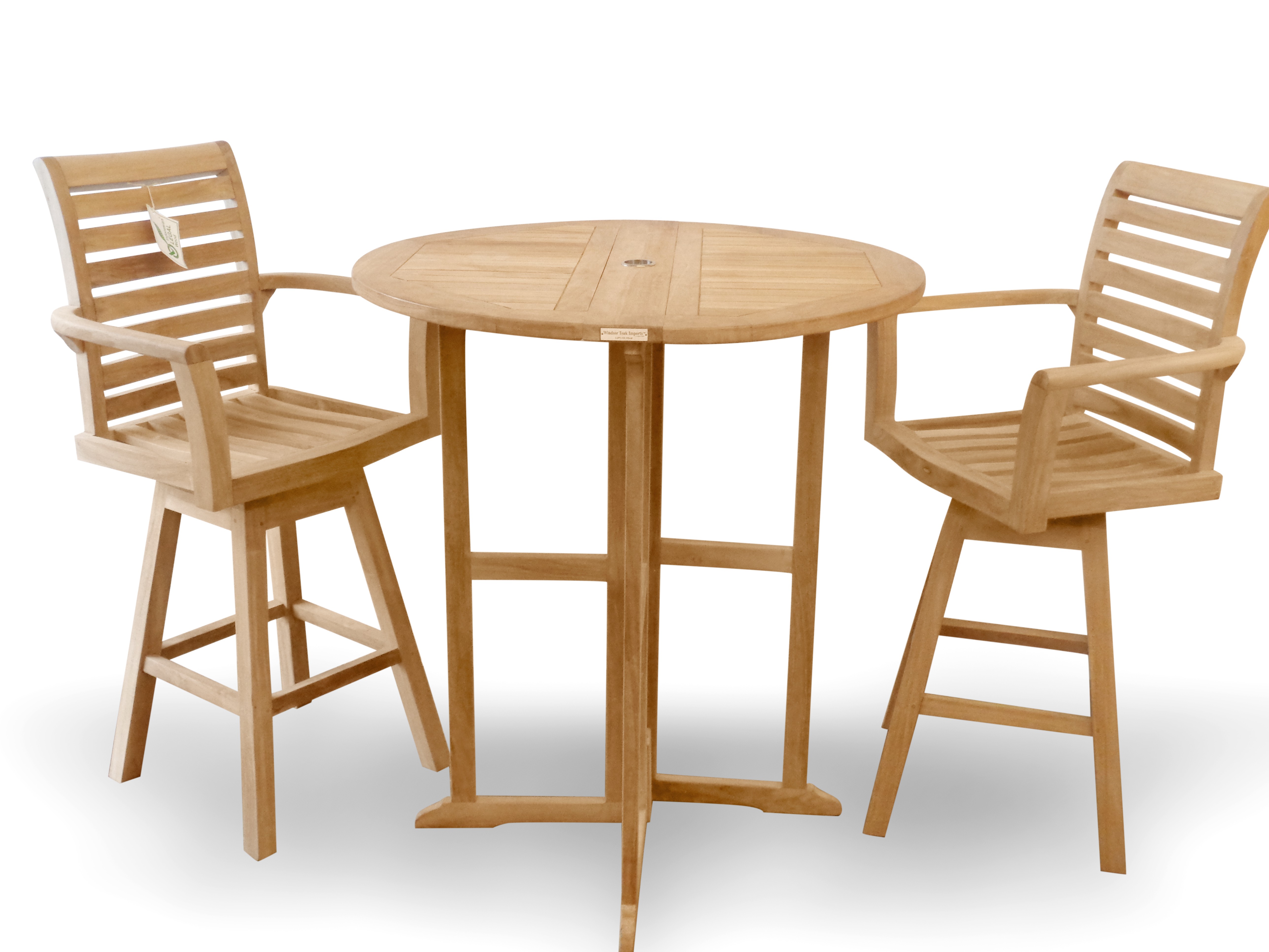 Nassau Premium Teak 39" Round Drop Leaf Folding Bar Table w/2 St. Moritz Swivel Bar Arm Chairs