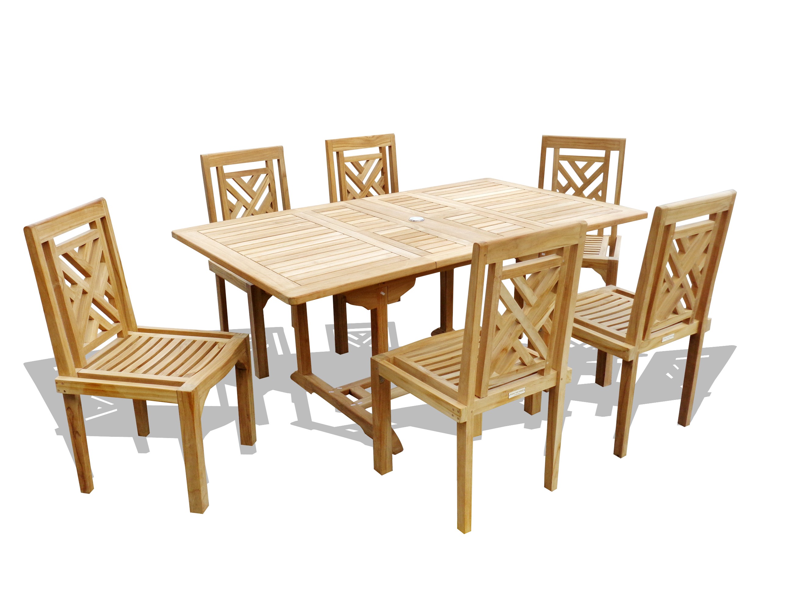 Buckingham 66" x 39" Double Leaf Rectangular Extension Teak Table W/6 Chippendale Stacking Chairs...can seat 8