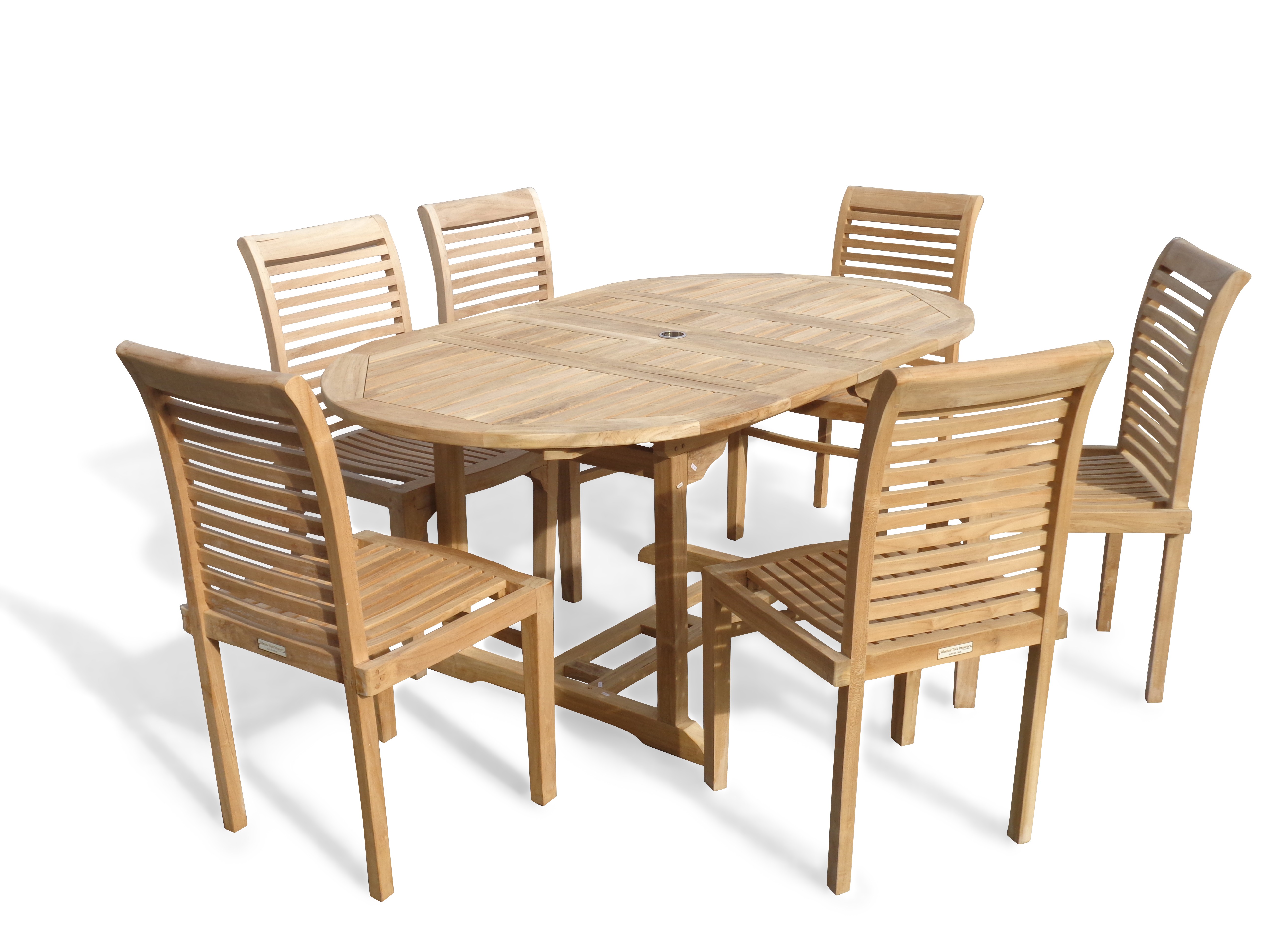 Buckingham 66" x 39" Double Leaf Oval Extension Teak Table W/6 Casa Blanca Armless Stacking Chairs.
