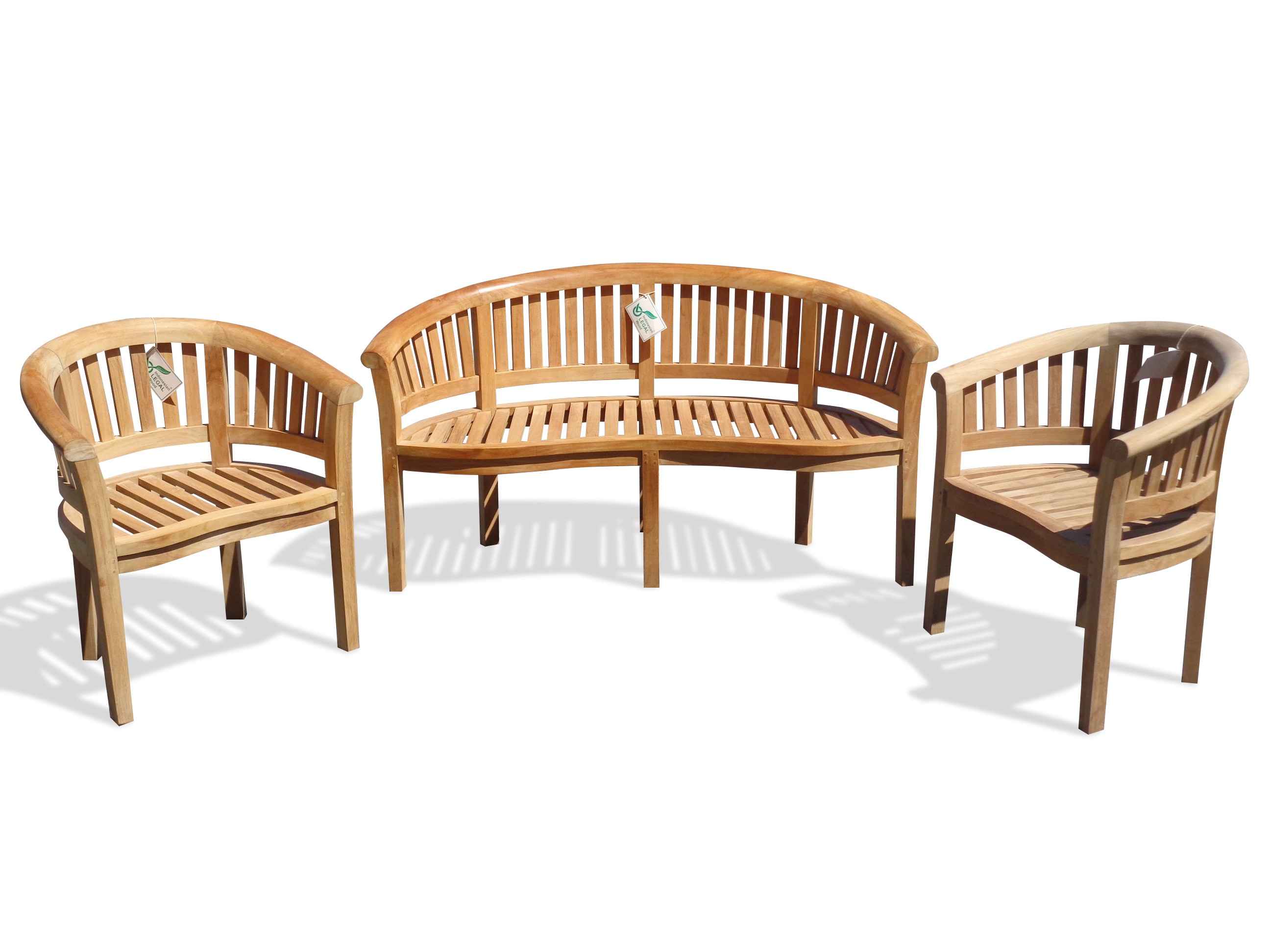 Kensington Teak 3 Pc Set, Curved 3 Seater Bench And 2 Armchairs
