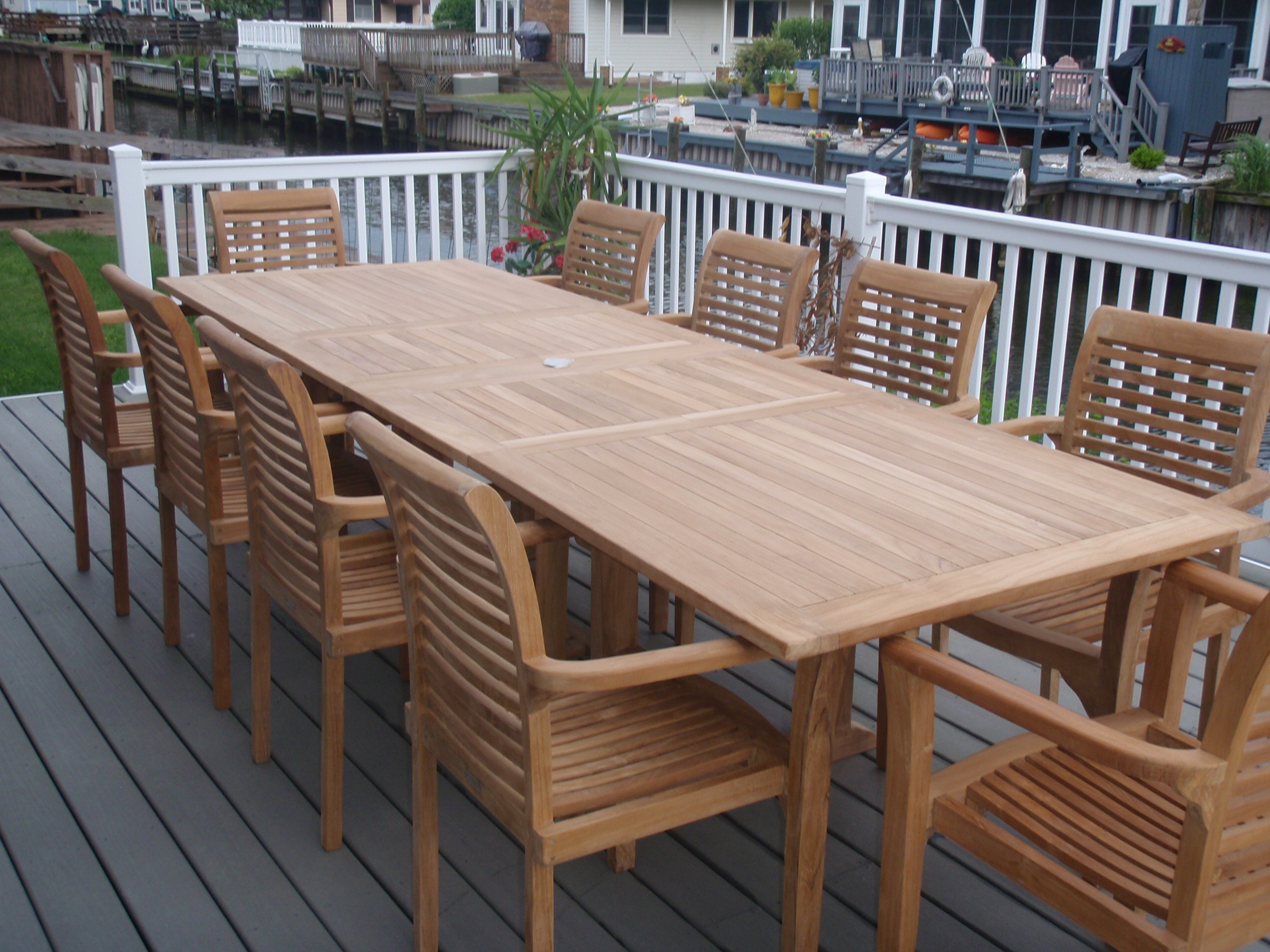 Buckingham Premium Teak 118" x 39" Rectangular Double Leaf Extension Table W/10 Casa Blanca Stacking Chairs