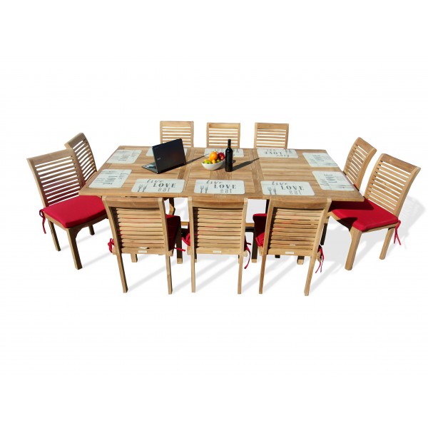  Buckingham Grade A Teak Extra WIDE Rect 95" x 51" Double Leaf Extension Table...w 10 Stacking Armless Chairs ..makes 3 Different Size Tables