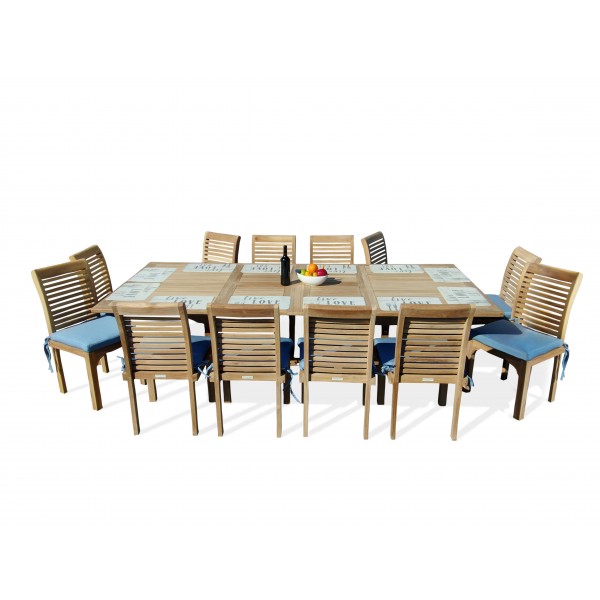  Buckingham Premium Teak Extra WIDE 108" x 51" Double Leaf Rect Extension Table...w12 Stacking Armless Chairs ..makes 3 Different Size Tables