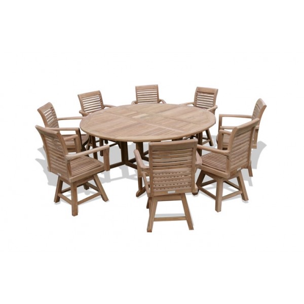 Grade A Teak Barcelone 6 Foot (72 inches across) Round Drop Leaf Folding Table W/8 Casa Blanca Swivel Arm Chairs
