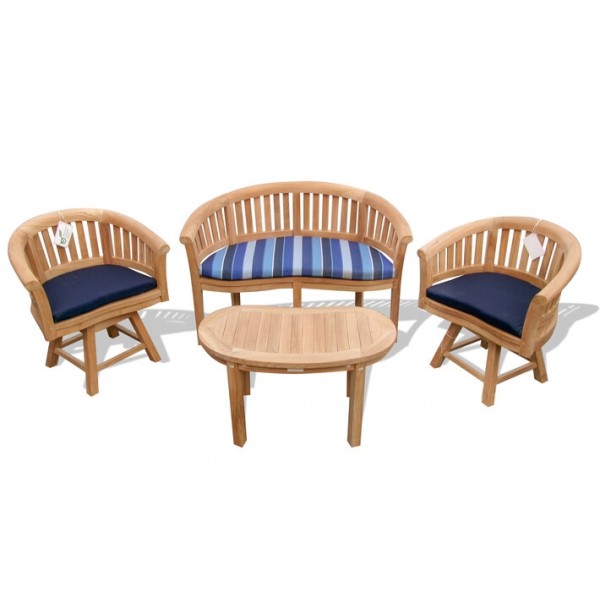 Kensington Teak Collection, Curved 2 Seater Bench, 2 Swivel Armchairs, and a 36" Kidney Shaped Coffee Table