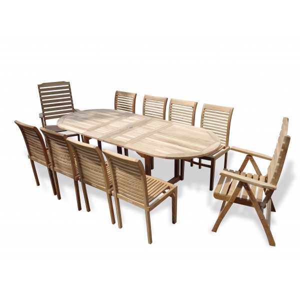 Buckingham 95" x 39" Oval Teak Extension Table w/8 Armless Casa Blanca Stacking Chairs & 2 Reclining Folding Chairs...seats 10