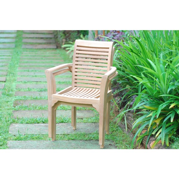Casa Blanca Teak Stacking Arm Chair Designer Look. Comes Assembled. Priced and Packed 4 per Box