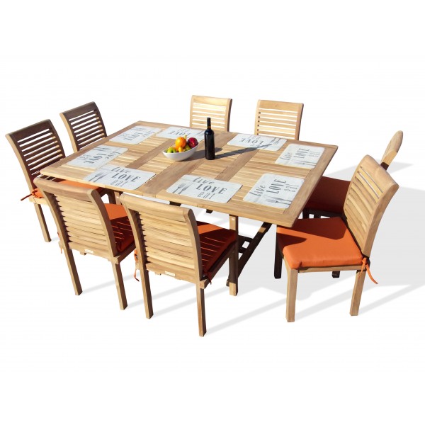  Buckingham Grade A Teak Extra WIDE 75" x 51" Double Leaf Rect Extension Table...w 8 Stacking Armless Chairs ..makes 3 Different Size Tables
