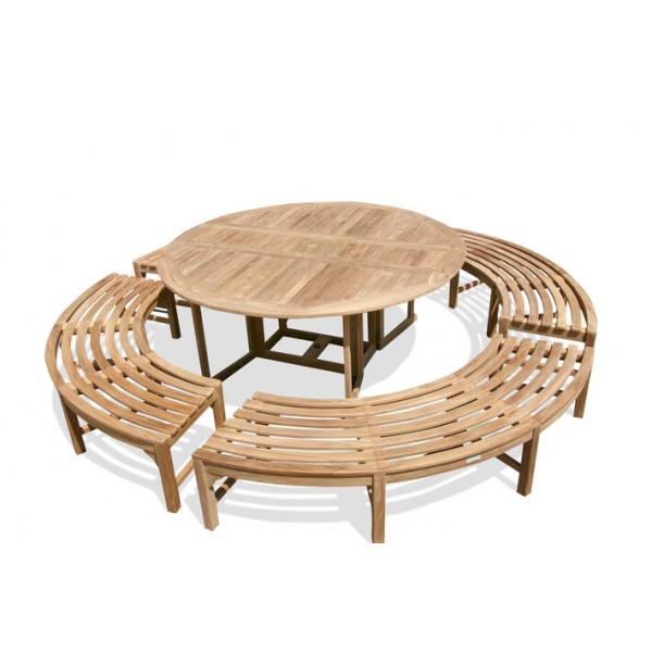 Grade A Teak Barcelone 6 Foot (72 inches across) Round Drop Leaf Folding Table W/4 Curved Benches..Seats 8 Adults / 12 Kids