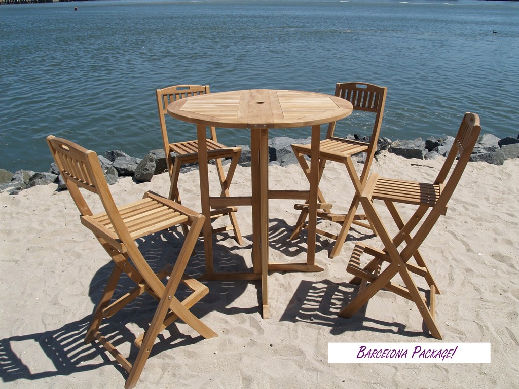 Bimini Grade A Teak 39" Round Drop Leaf Folding Counter Table W/4 Mallorca Folding Counter Chairs (Counter height is 5" lower than bar)