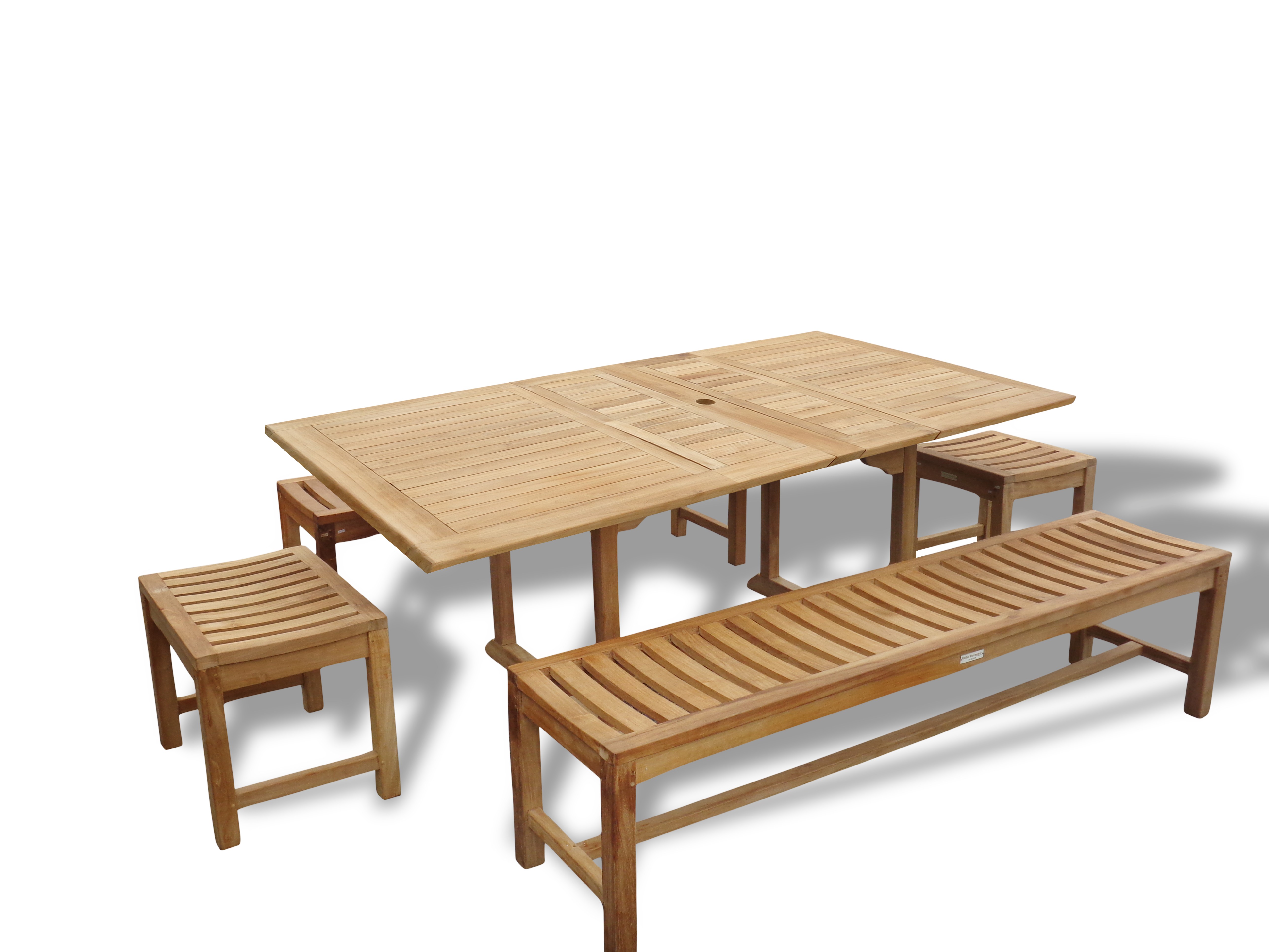 Buckingham 82" x 39" Premium Teak Double Leaf Rectangular Extension Table w Two 72" & Two 18" Backless Benches...Seats 8-10