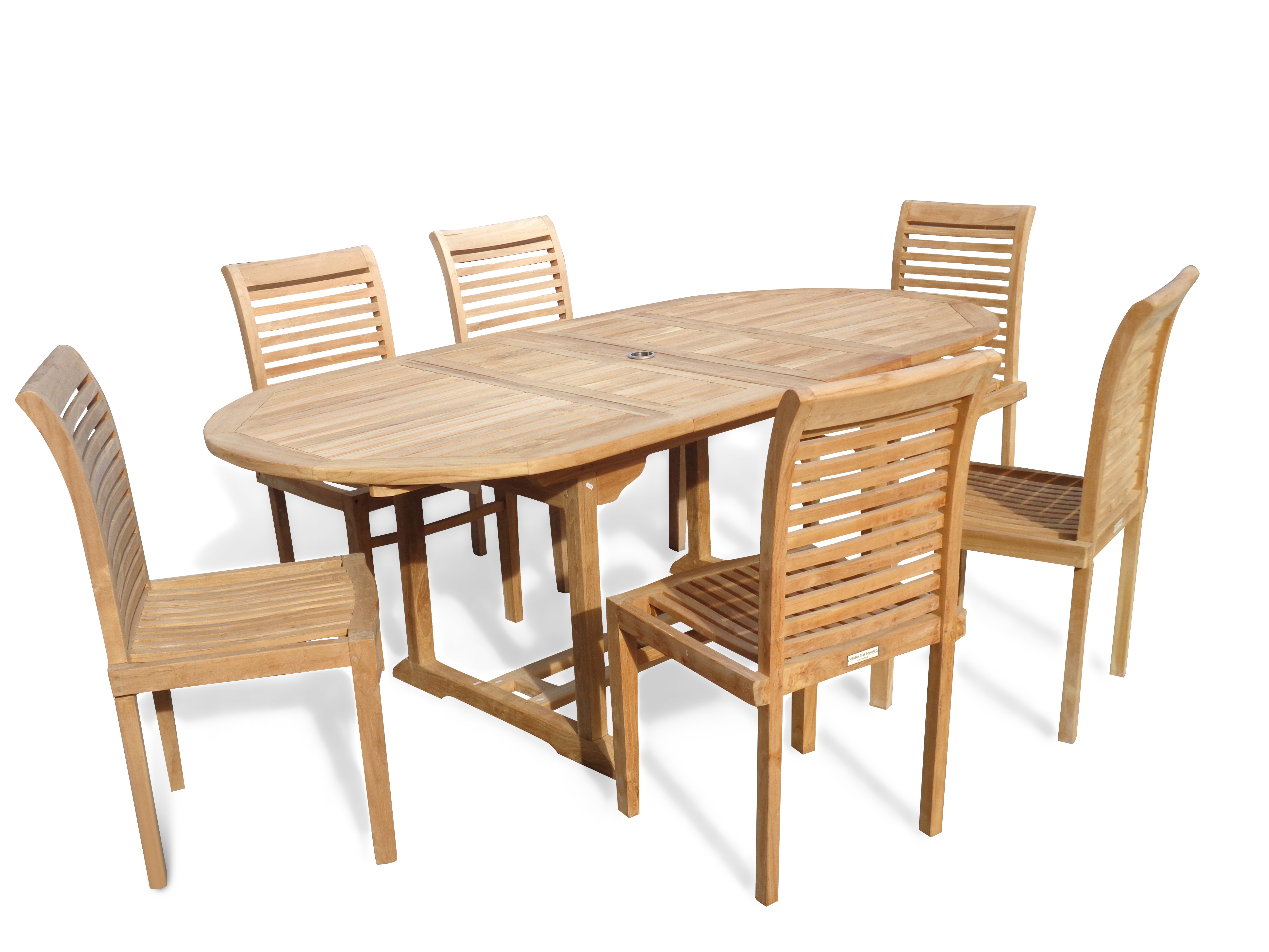 Buckingham 82" x 39" Double Leaf Oval Extension Teak Table W/6 Casa Blanca Armless Stacking Chairs.