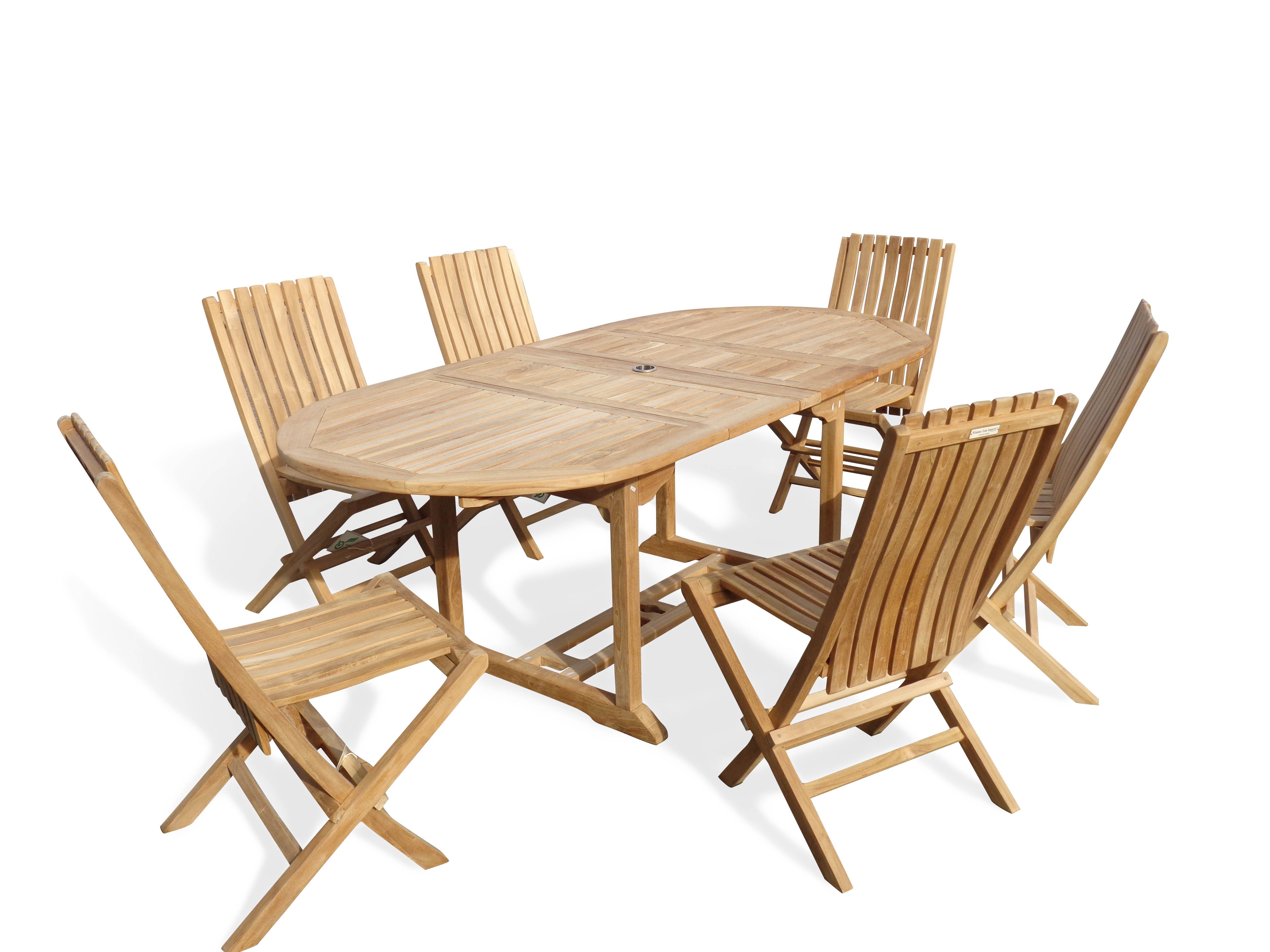 Buckingham 82" x 39" Double Leaf Oval Extension Teak Table W/6 Java Folding Chairs w/ Lumbar Support .