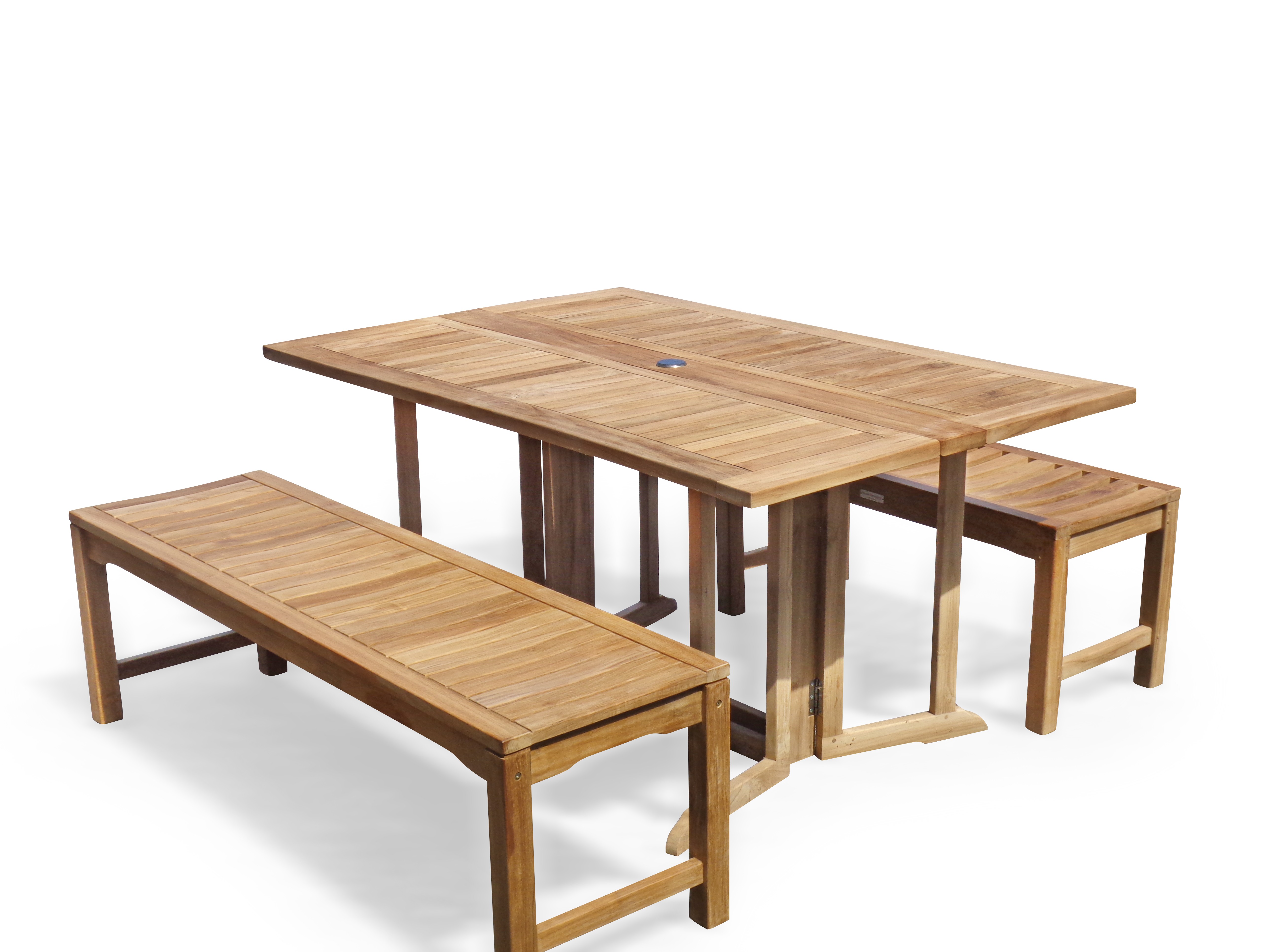 Barcelone 59" x 39" Rectangular Drop Leaf Folding Teak Table W/two 59" Backless Benches...Seats 6 Adults