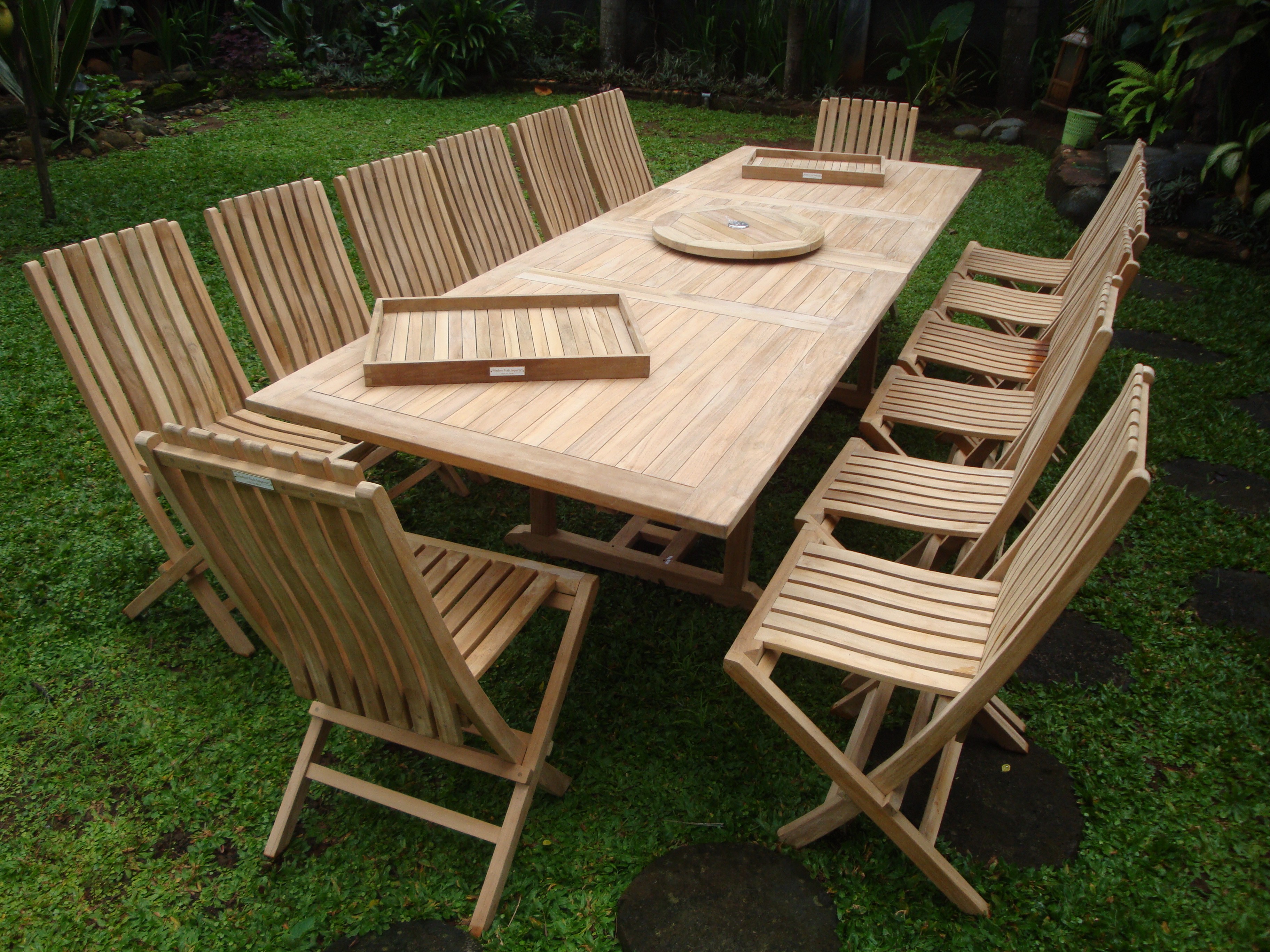 Buckingham 118" x 39" Double Leaf Extension Teak Table W/14 Java Folding Chairs w/ Lumbar Support