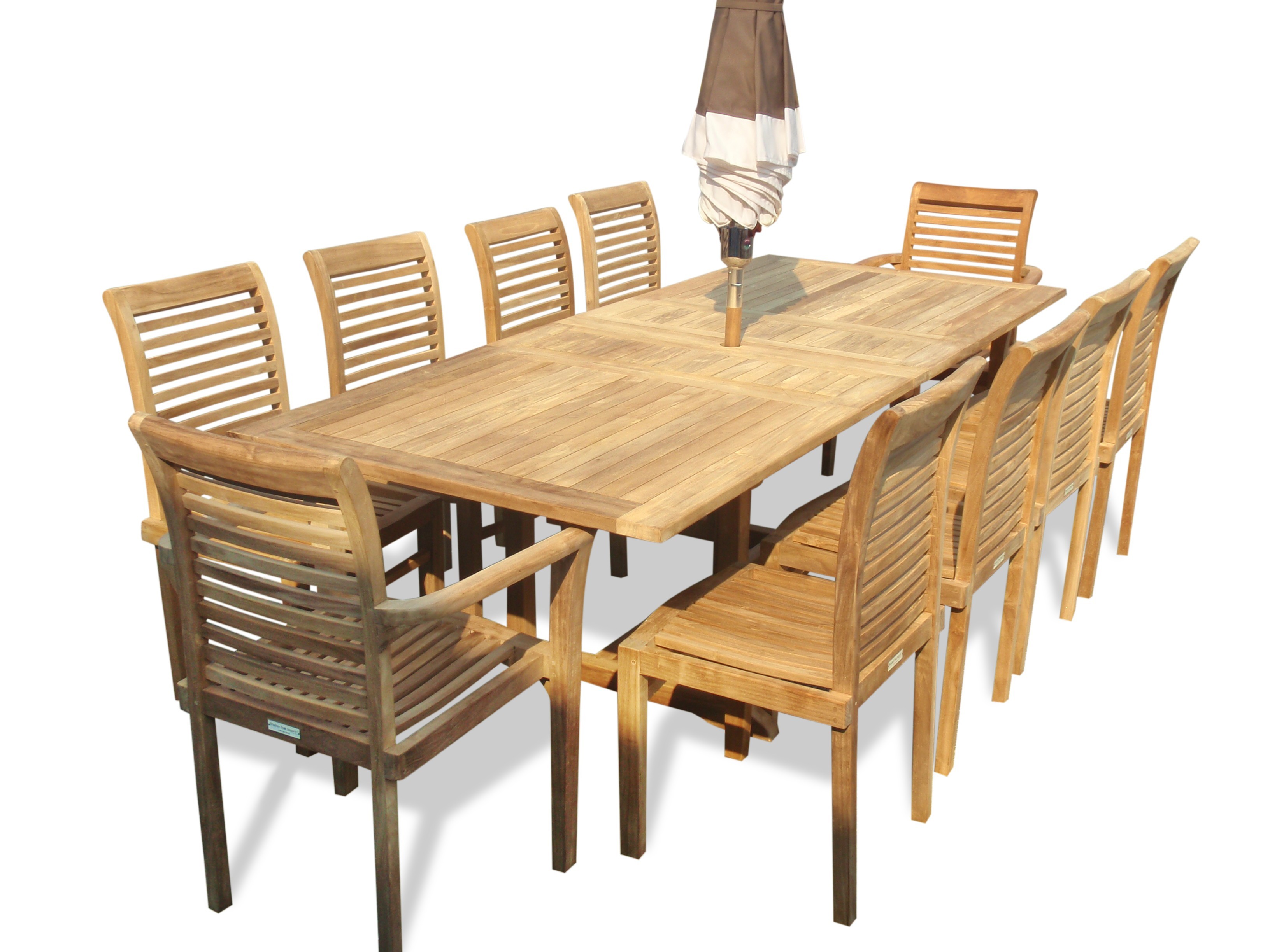Buckingham Grade A Teak 95" x 39" Rectangular Extension Table w 10 Casa Blanca Stacking Chairs...(2w/arms & 8 w/o arms)