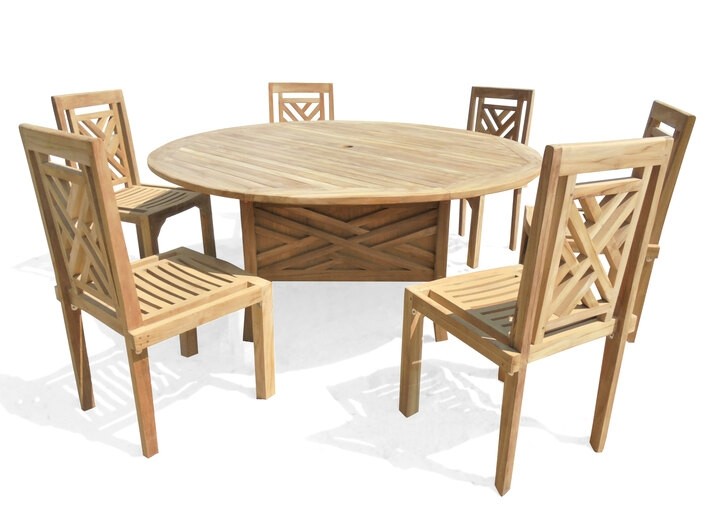 Our Exclusive...Chippendale 5 Foot + Round Pedestal Table (64 Inches Across) W/6 Chippendale Teak Stacking Chairs