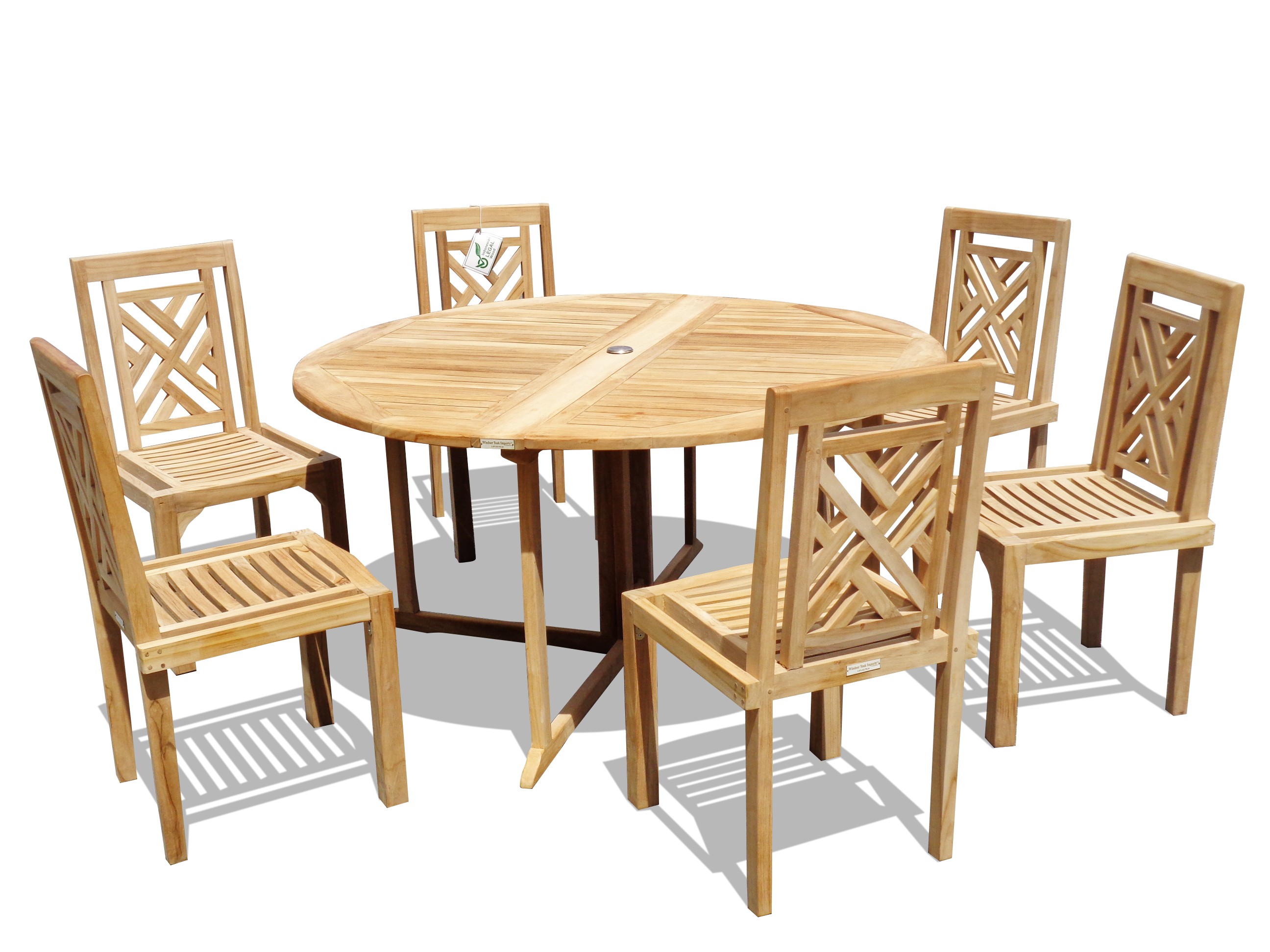 Barcelone 59" Round Drop Leaf Folding Teak Table W/6 Chippendale Teak Stacking Chairs
