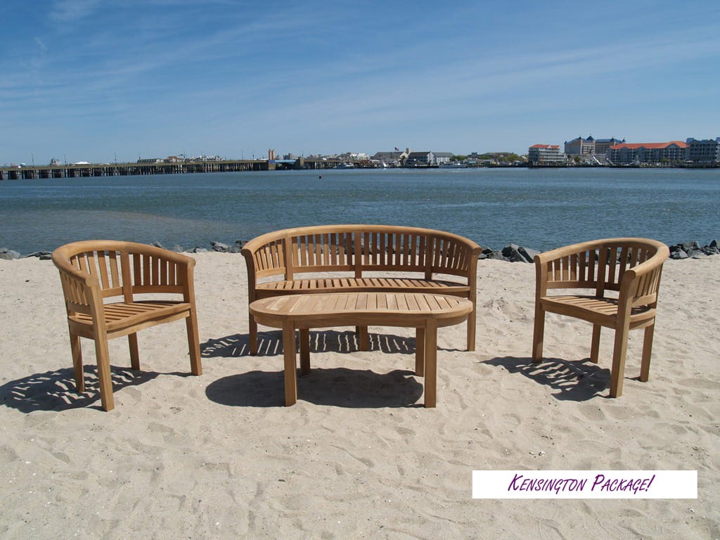 Kensington Teak Collection, Curved 3 Seater Bench, 2 Armchairs, and a  47" Kidney Shaped Coffee Table