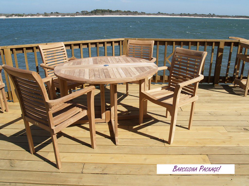 Barcelone 39" Round Drop Leaf Folding Teak Table W/4 Casa Blanca Teak Stacking Arm Chairs