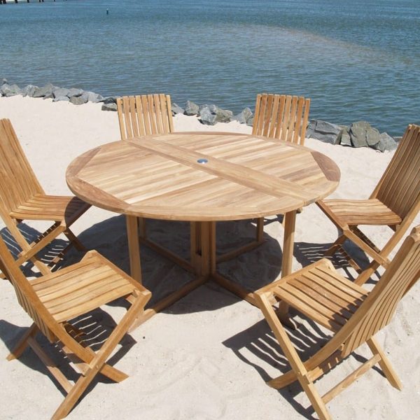 Barcelona 59" Round Drop Leaf Teak Table W/6 Java Folding Teak Chairs
