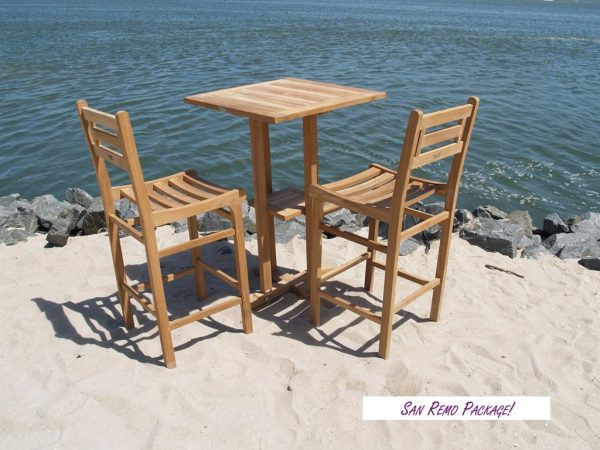 San Remo 27" Square Teak Bar Table W/Shelf & 2 Seville Teak Bar Chairs