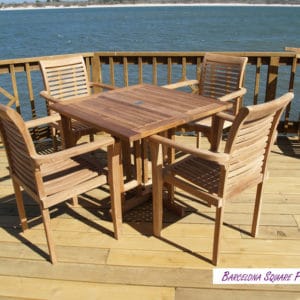 Barcelone Premium Teak 35″ Square Drop Leaf Folding Table W/4 Casa Blanca Stacking Arm Chairs