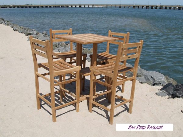 San Remo 27" Square Teak Bar Table W/Shelf & 4 Seville Teak Bar Chairs