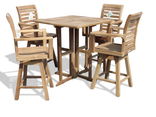 Nassau 35" SquareTeak Drop Leaf Bar Table w 4 St. Moritz Swivel Bar Chairs