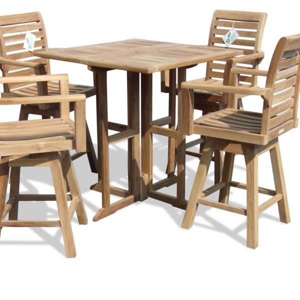 Nassau 35" SquareTeak Drop Leaf Bar Table w 4 St. Moritz Swivel Bar Chairs