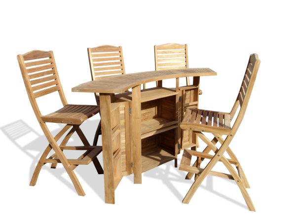 Grand Cayman Folding Teak Bar Table W/4 St. Barts Folding Teak Bar Chairs